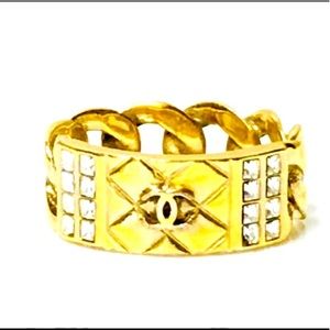 CHANEL Metallic Quilted CC Crystal Chain Link Ring